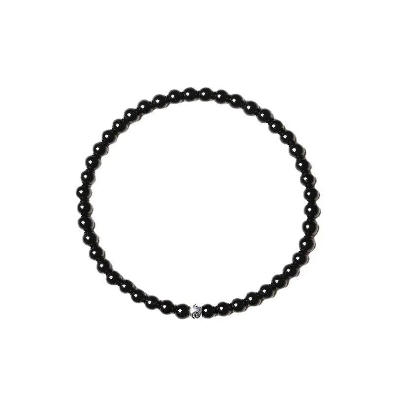 Geometric agate bracelet with obsidian, blue san, and black agate 4mm beads in electroplated finish