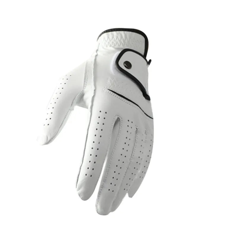White half sheepskin golf glove showing palm non-slip texture and finger construction