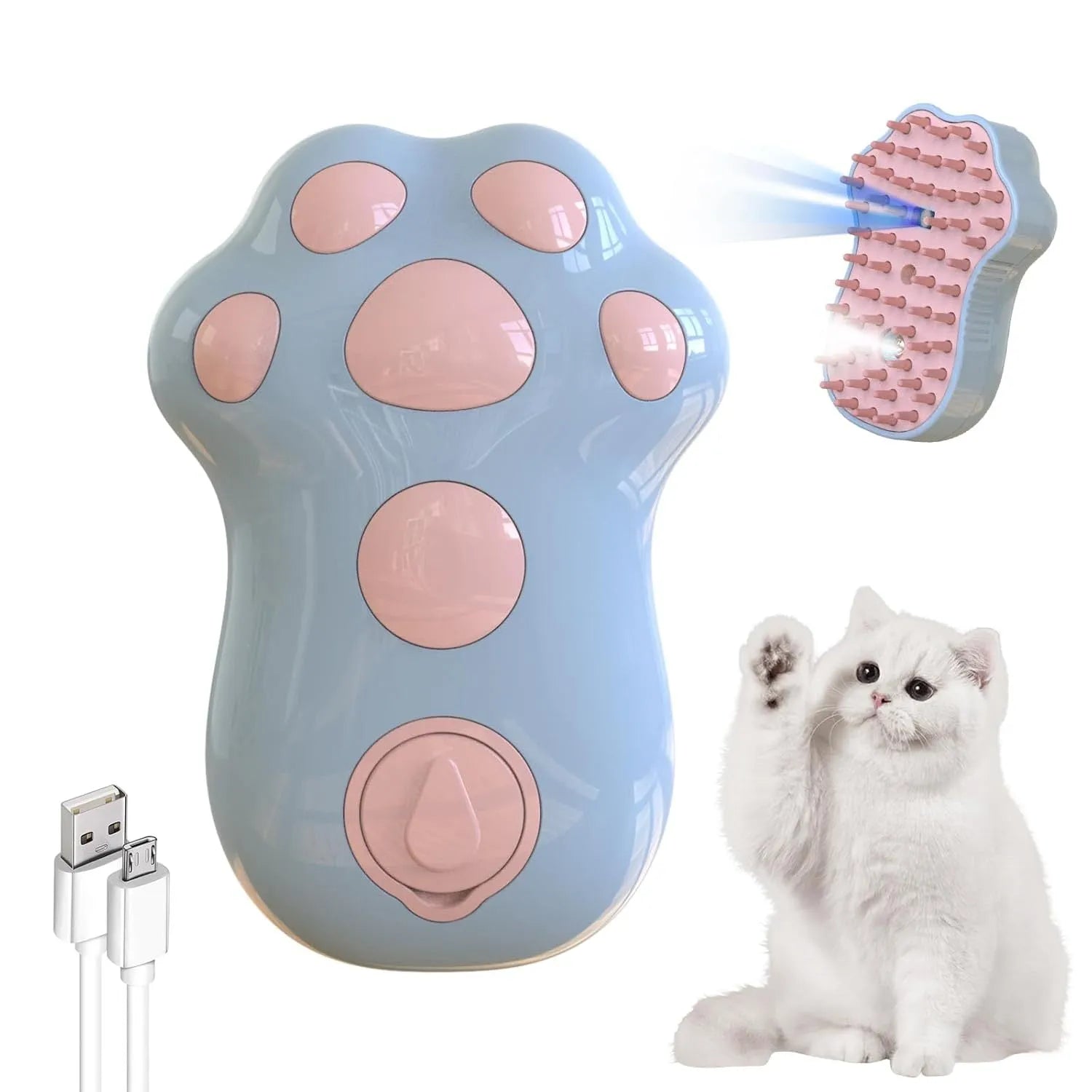 Blue self-cleaning cat steam brush with silicone head and water spray function.