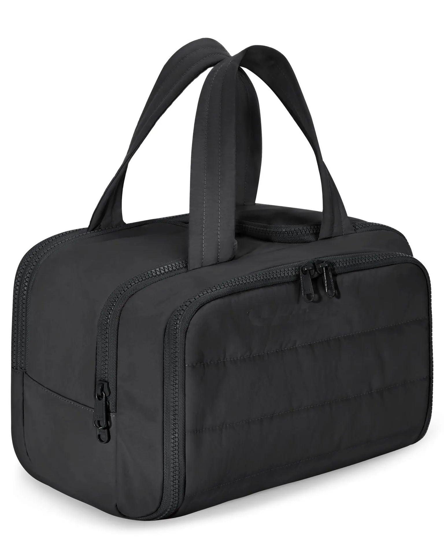 Large lightweight travel wash bag in beige colour with wide-opening design showing interior space