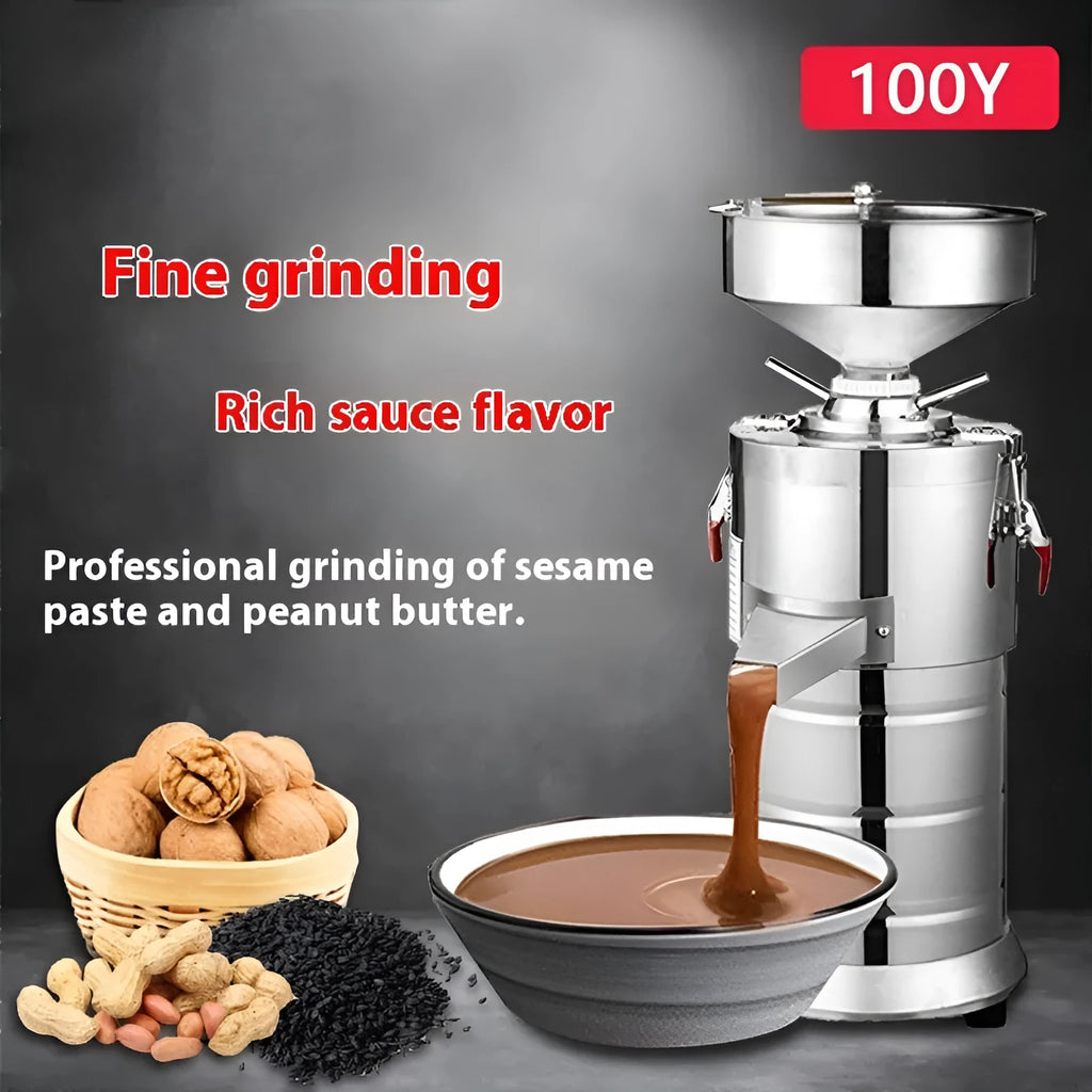 Small stainless steel electric sesame paste grinding machine with a 100mm wheel for home use.