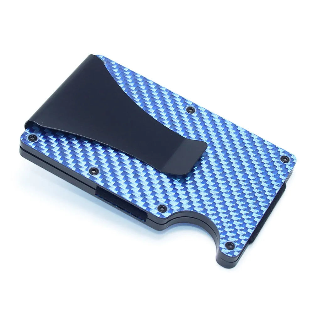 Geometric aluminium and carbon fibre card wallet for business cards and banknotes in a gift box.