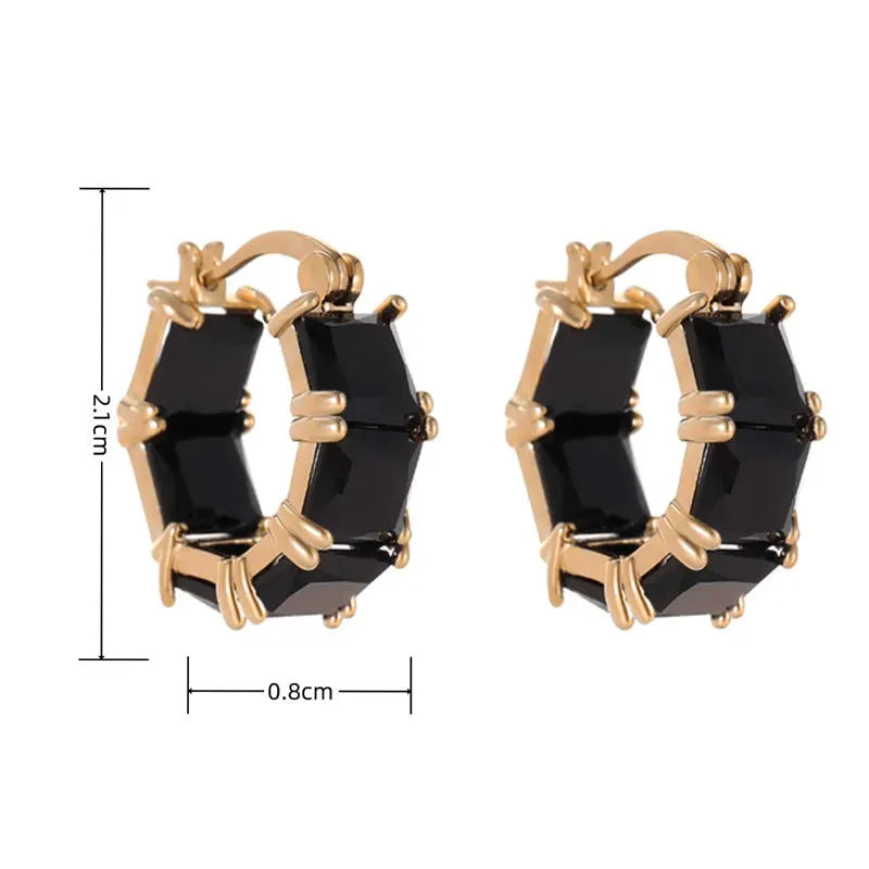 Geometric U-shaped zirconium earrings with round detailing in black, pink or white options