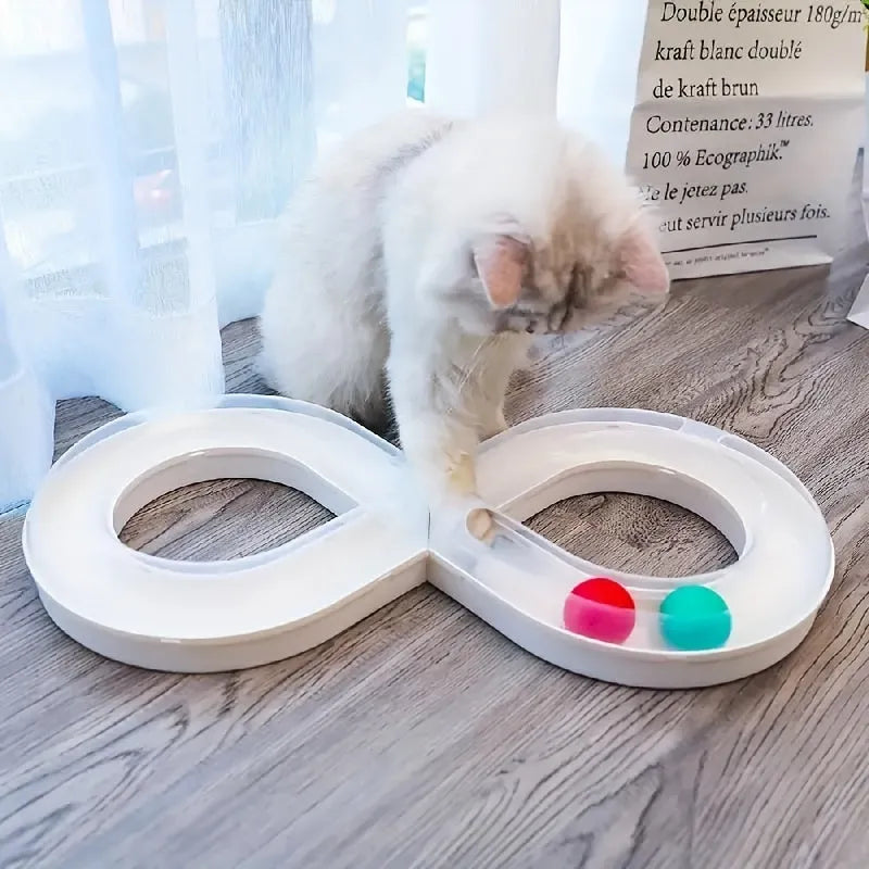 Blue and white cat turntable track toy with ball measuring 50cm long