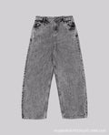 Grey loose straight-leg denim trousers for men and women with cotton fabric and mid waist
