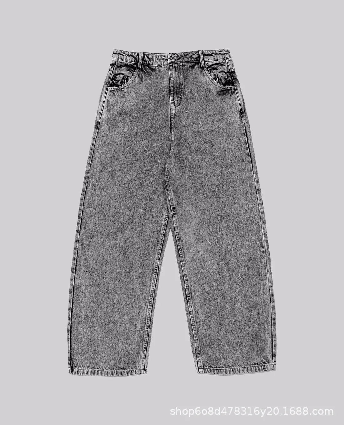 Grey loose straight-leg denim trousers for men and women with cotton fabric and mid waist
