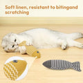 Three catnip fish toys in coffee, gray, and yellow for indoor cat self-play