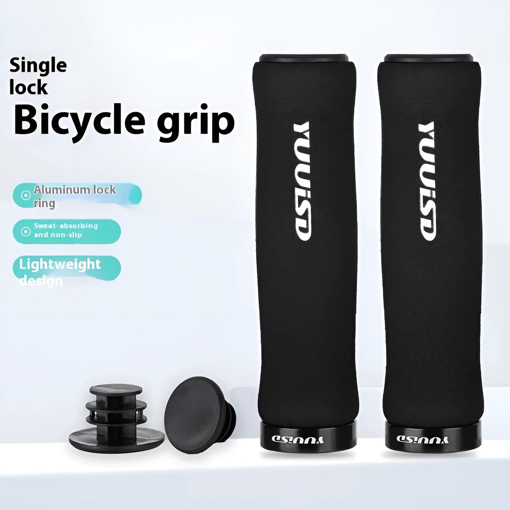 Mountain bike sponge handlebar grip covers in black, purple and biange colours showing soft material and lock-on design