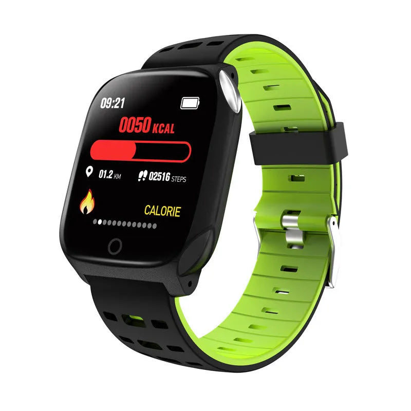 F16 smart watch with ECG display on wrist, showing black green silicone band.