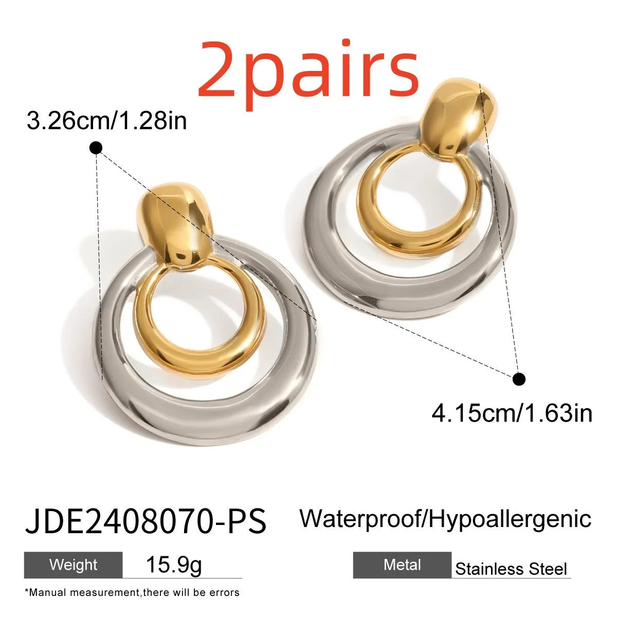 Golden round stud earrings with double-layer hollow geometric design on titanium steel