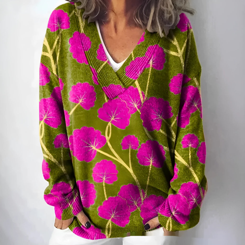 White women's V-neck long sleeve sweatshirt with a detailed 3D floral pattern print.