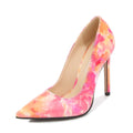 Women's pointed high heels with floral cloth detail, super high heel, available in green blue pink, sizes 35-46