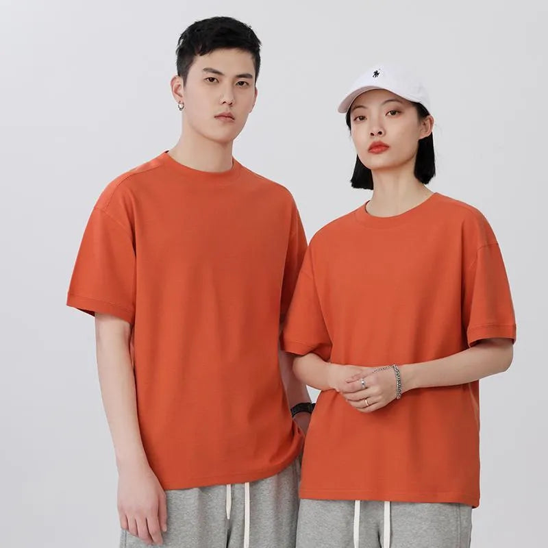 Breathable pique short-sleeved cotton T-shirt in loose fit, solid colour, summer wear