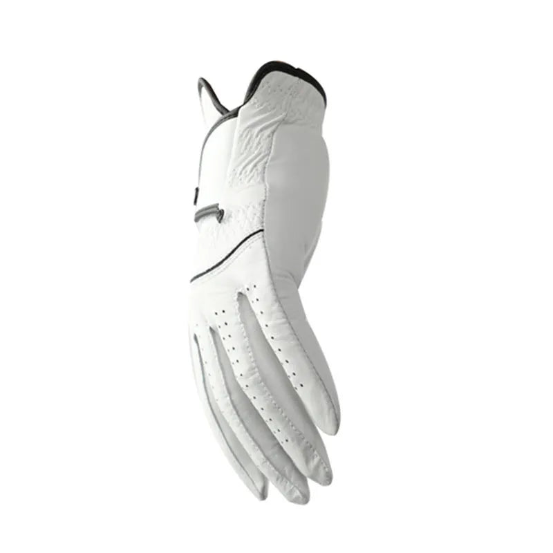 White half sheepskin golf glove showing palm non-slip texture and finger construction
