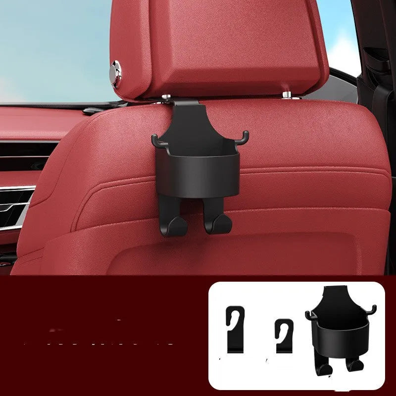 Black plastic car seat back hook with integrated cup holder for vehicle organisation