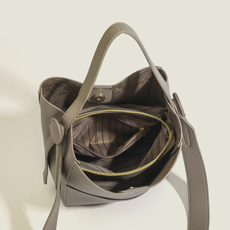 PU Leather Bucket Messenger Bag for Daily Matching European and American Retro Style with Sewing Line Detail Available in Black Brown Elephant Gray Soft Single Shoulder Strap Sandwich Pocket Outer Bag