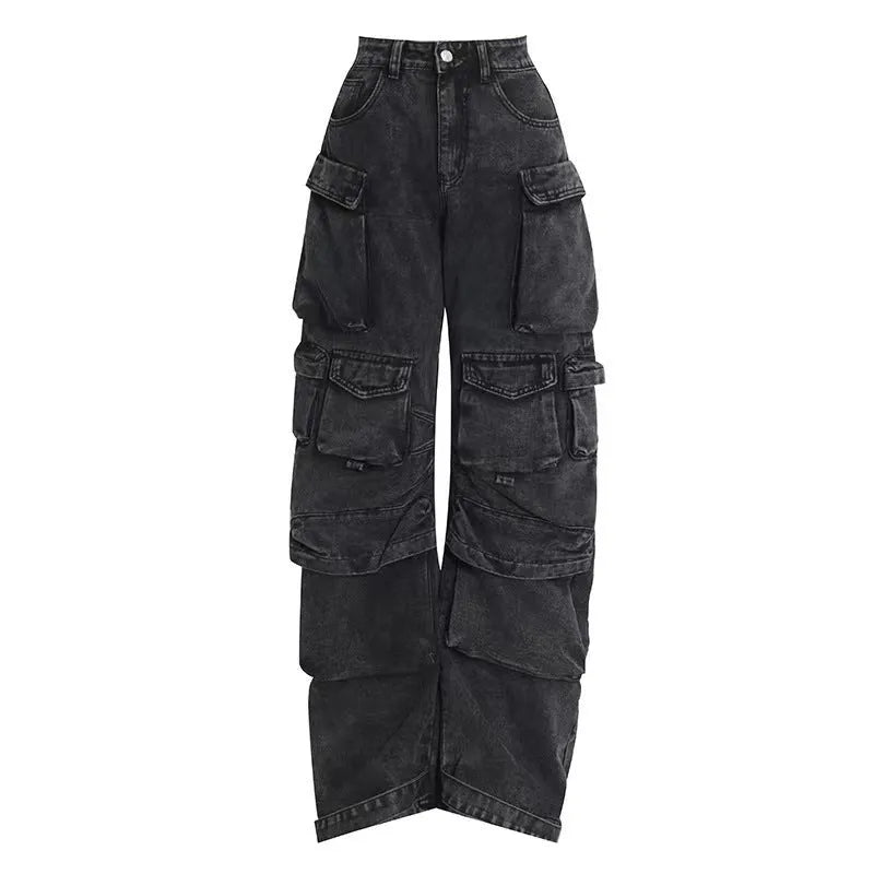 Women's blue tie-dyed high waist wide leg jeans with multiple pockets on a street style background.
