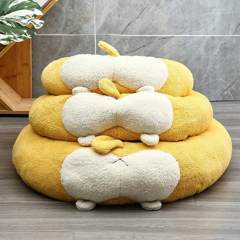 Brown and white corgi-shaped plush pet bed for dogs or cats