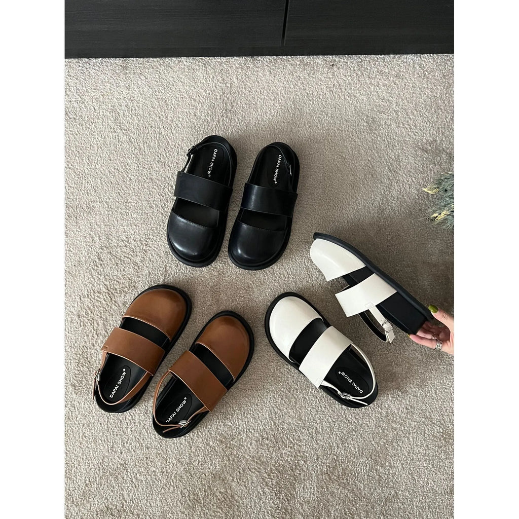 Retro raise the bottom closed toe sandals with ankle-strap buckle in apricot colour