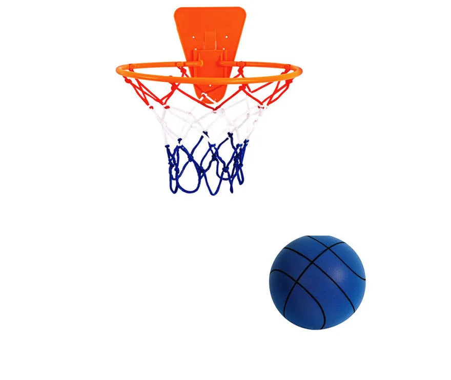 Silent high-density foam basketball in assorted bright colours showing bounce height and size comparison