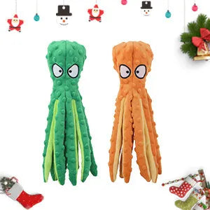 Blue octopus-shaped dog toy with tentacles, no stuffing, suitable for chewing and interactive play
