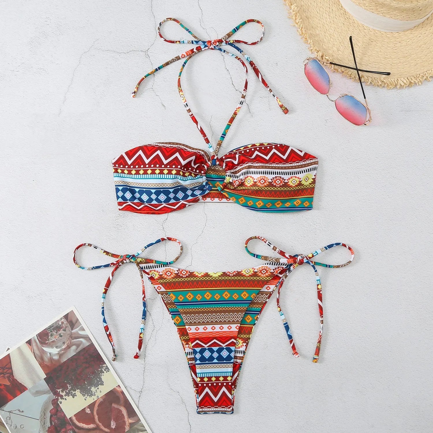Women's halter-neck bikini swimsuit with split briefs in blue, yellow, green stripe orange grid, and green stripe red plaid colours