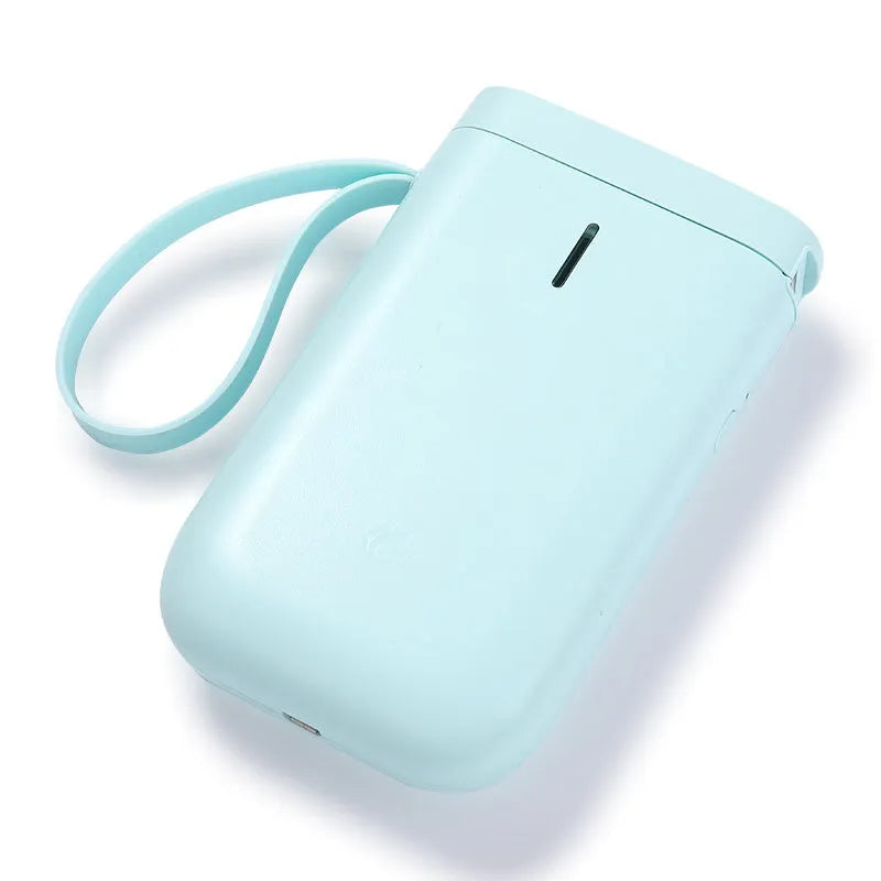 Compact D11 Bluetooth label printer in various colours, showing phone app interface and printed labels.
