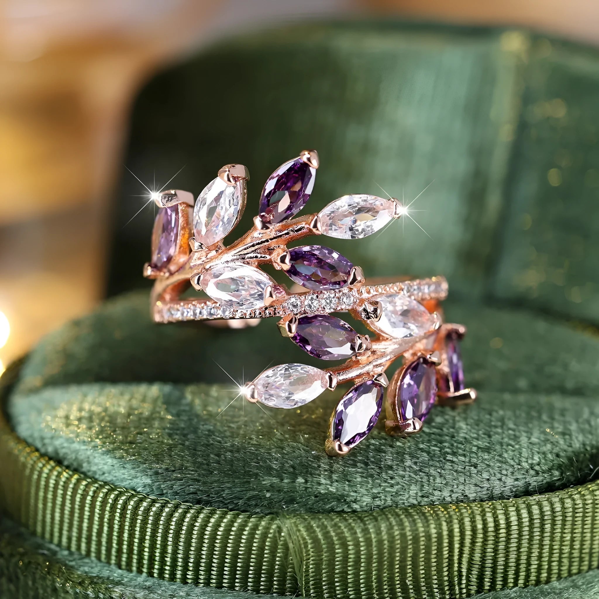 Adjustable copper leaf fashion ring with stone settings in multiple colour options
