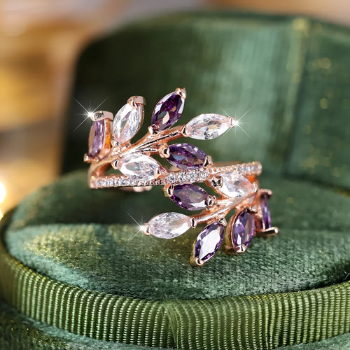 Adjustable copper leaf fashion ring with stone settings in multiple colour options
