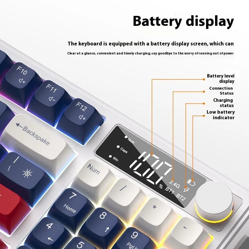 Wireless Bluetooth keyboard and mouse combo with mechanical-style keys in blue and white colour scheme
