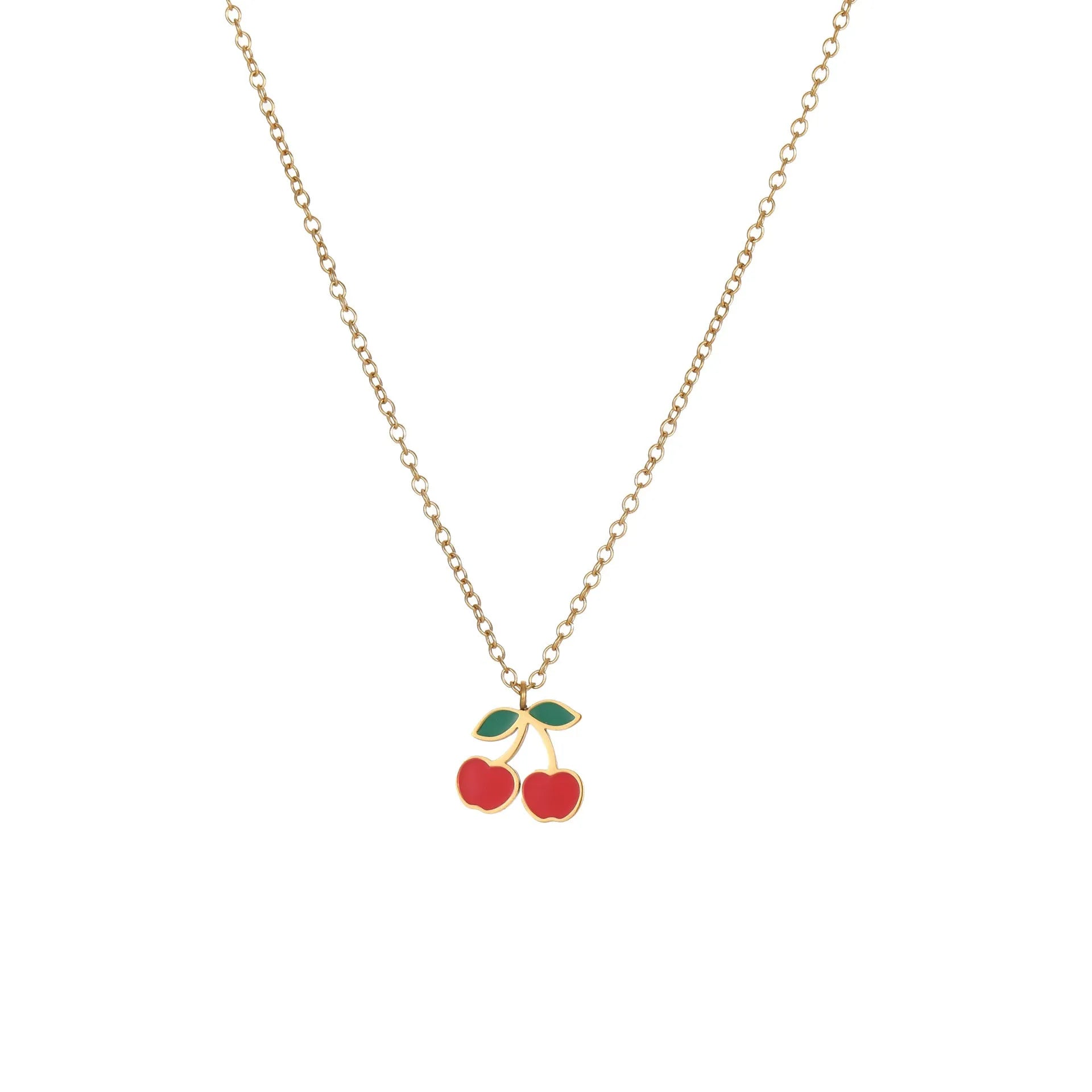 Cherry jewellery set showing necklace, bracelet, earrings, and ring with 18K gold electroplating on stainless steel