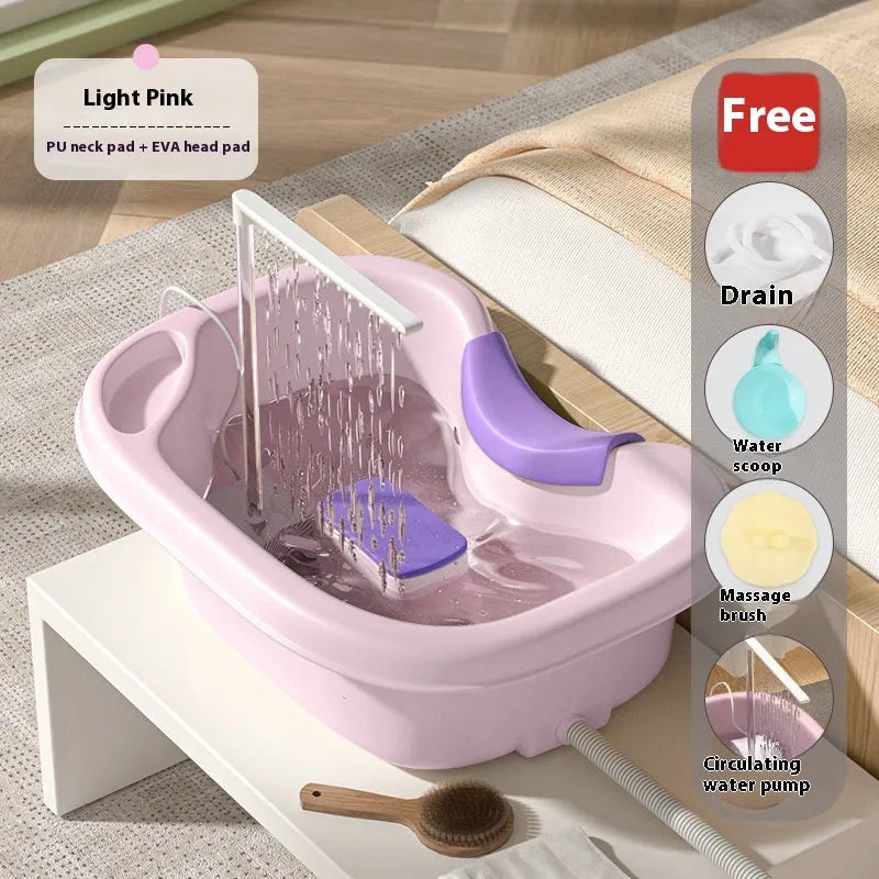 Portable plastic shampoo basin set with head pillow, water pump, hose, bailer, and brush for washing hair in bed
