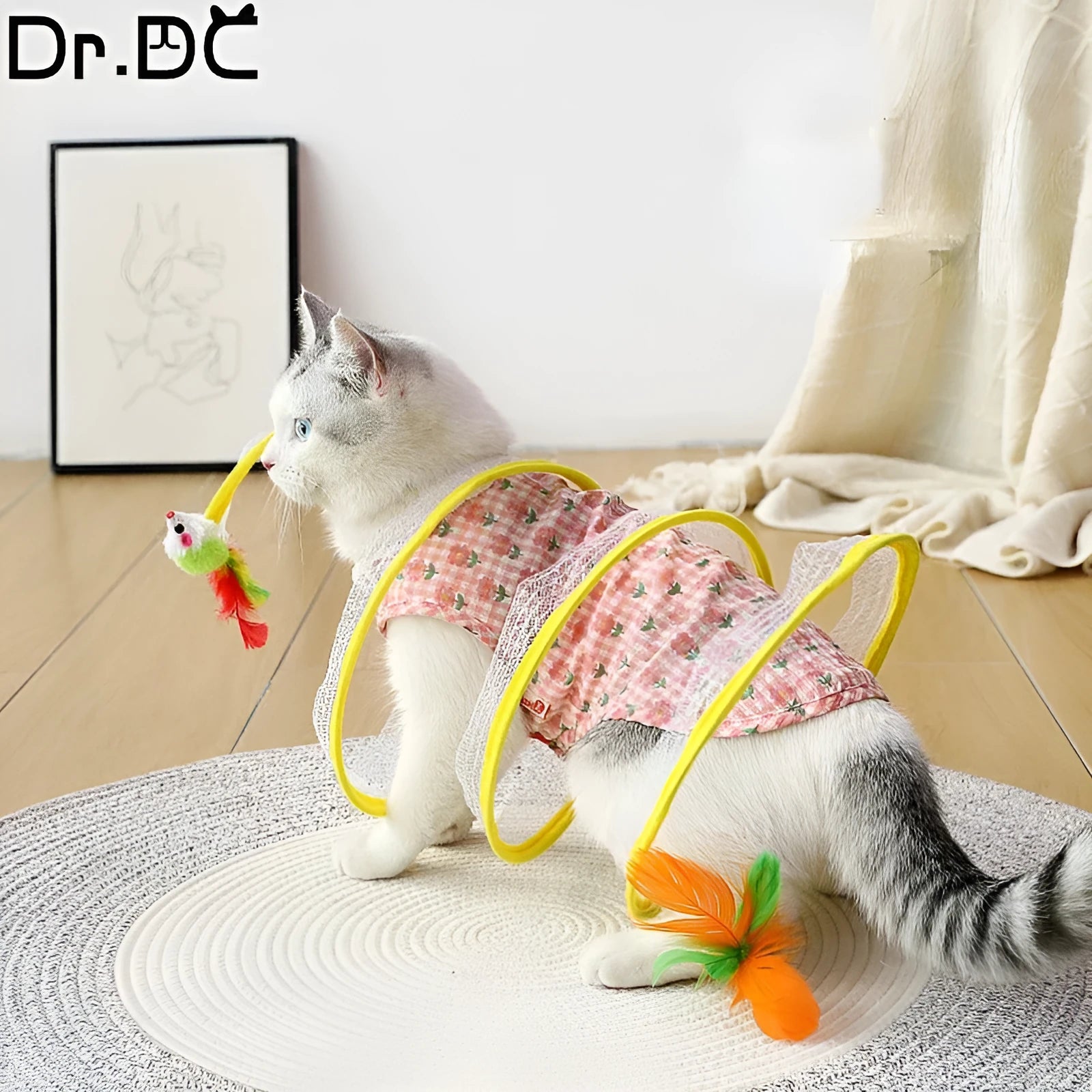 Folded cat tunnel S type in striped pattern with mouse and feather attachments on each end