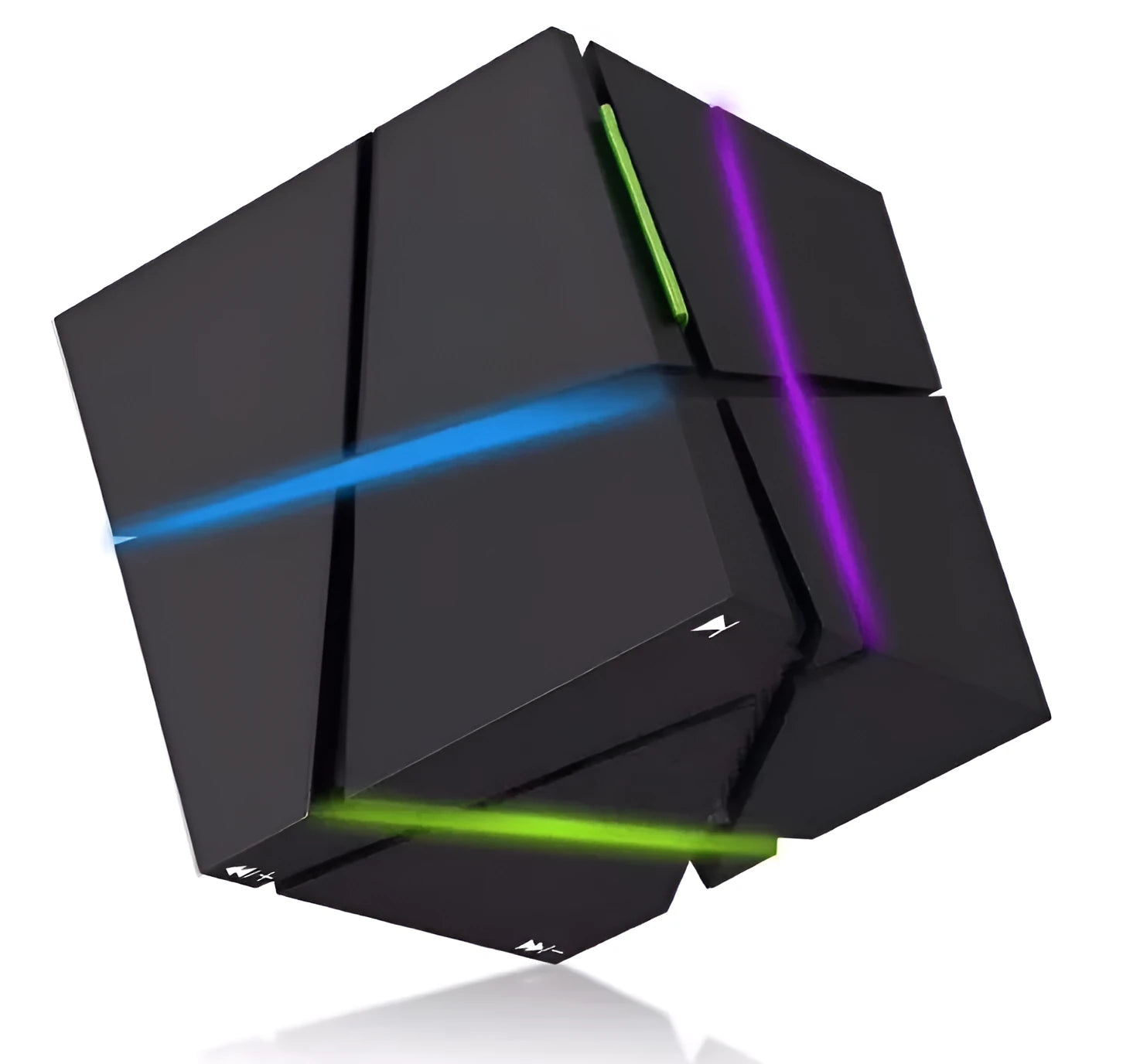 Cube Bluetooth Speaker with colourful lights in black ABS casing, front view on desk