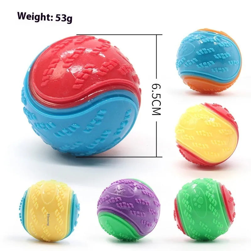 Red and blue TPR rubber dog training ball with squeaker, 6.5cm in diameter