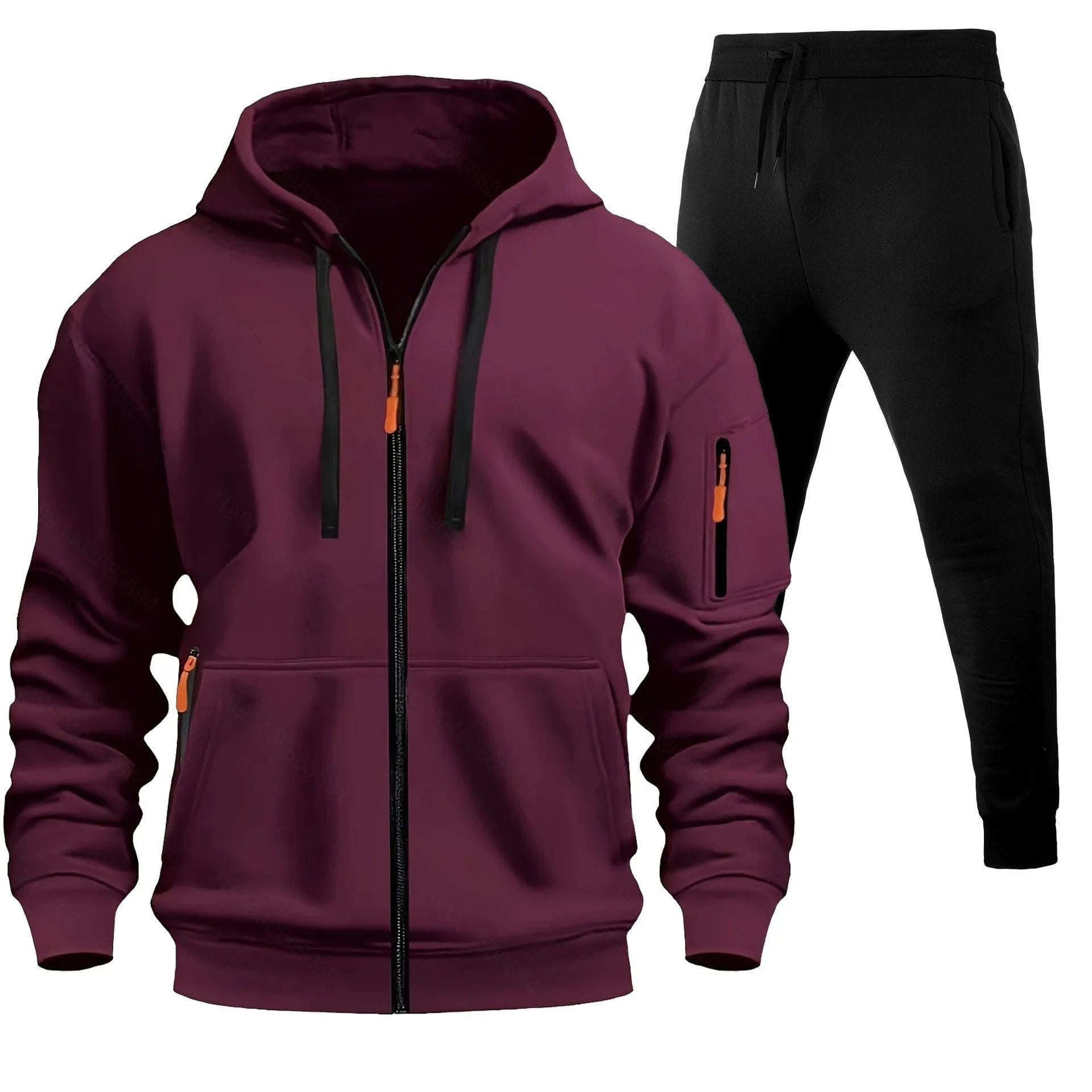 Men's zip-up hoodie set with multiple pockets and wool lining in camel colour