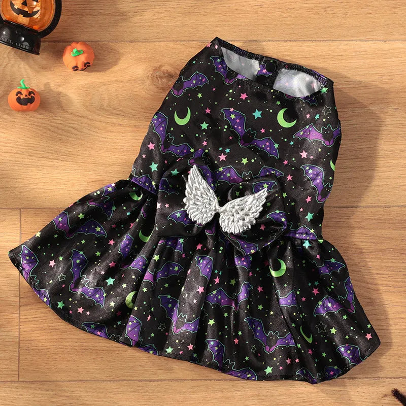 Angel wings Halloween dog costume in bright pumpkin colour showing wing design and size options