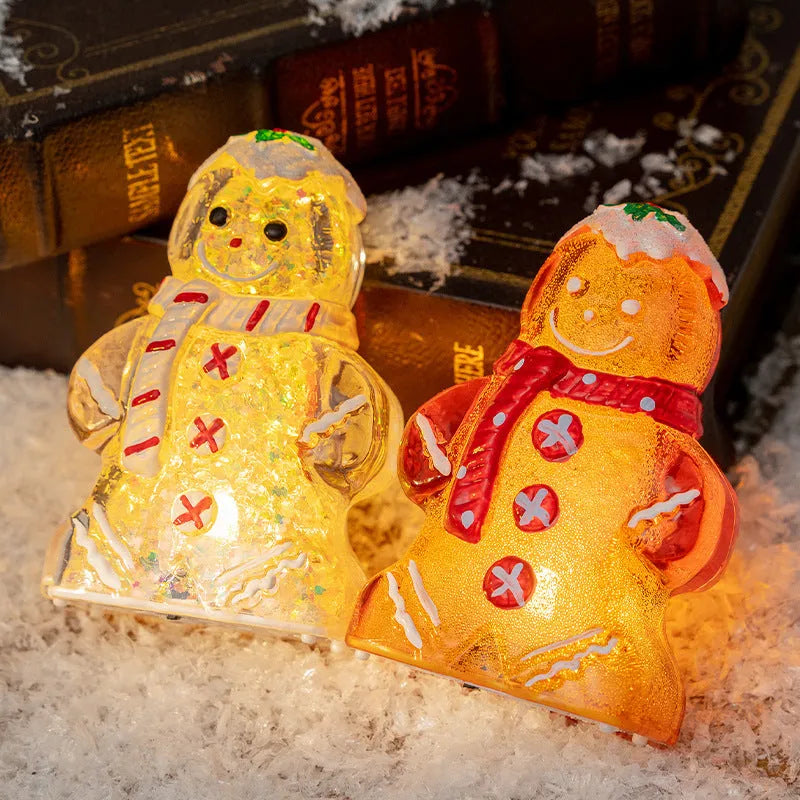 Glowing gingerbread man Christmas ornament with snowman design in four scarf colour options
