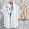 Men's casual Hawaiian outfit with 3D printed short sleeve shirt and matching shorts in picture colour.