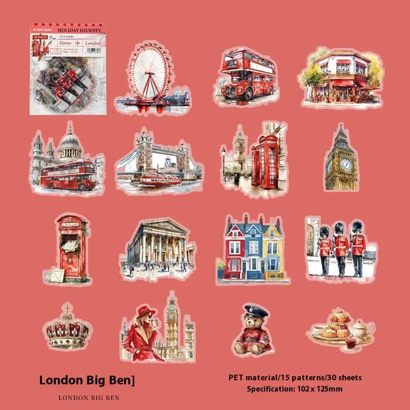 Retro-style architecture journal stickers showing designs of Big Ben, Arc de Triomphe, and other global landmarks.