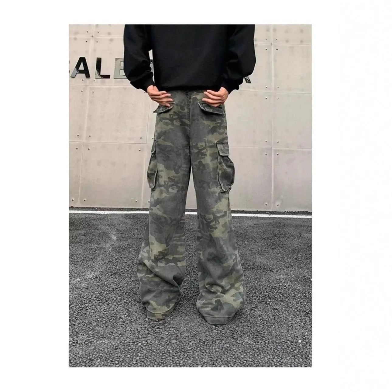 American vintage washed camouflage cargo pants with multiple pockets on a mannequin.