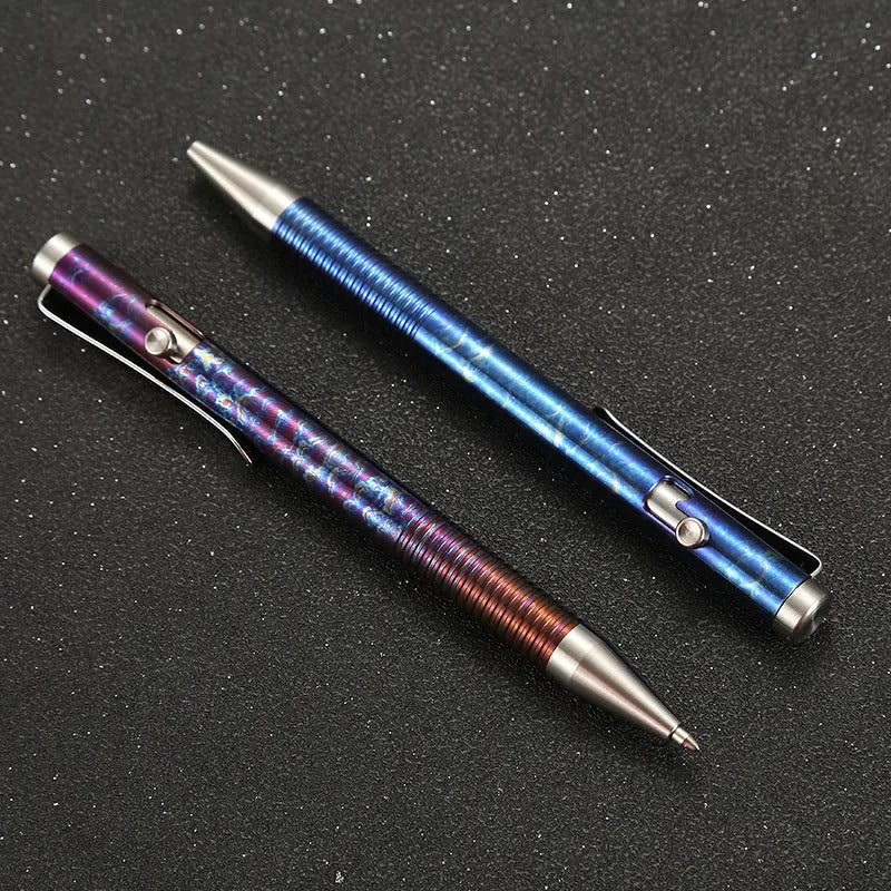 Titanium alloy ballpoint pen with magic color phantom finish and gun bolt handle design, 122mm length