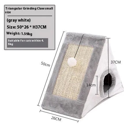 Triangle-shaped cat scratching post and enclosed bed in grey and white colour combination.