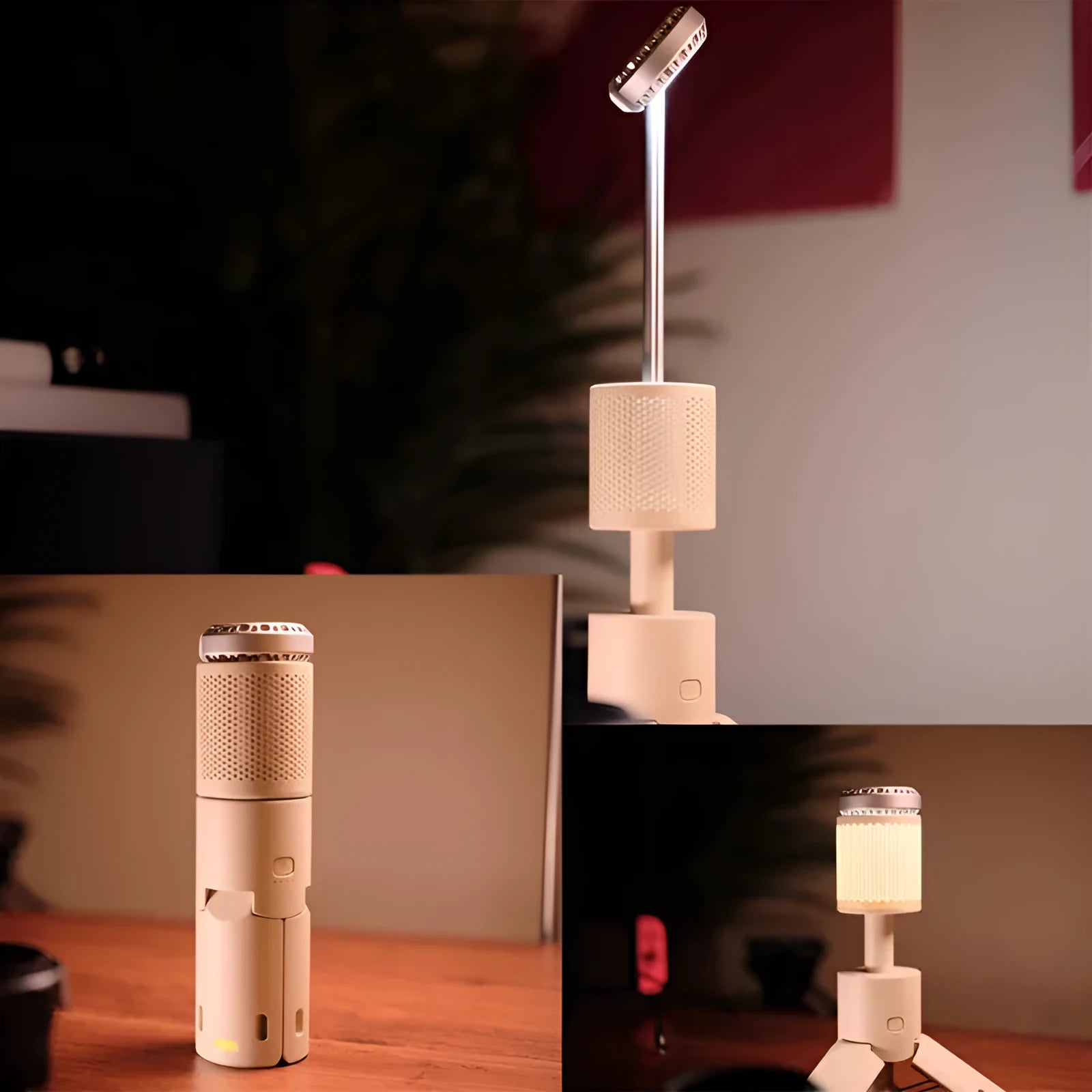 Portable LED camping light with battery power and button switch in off white or dark grey colour