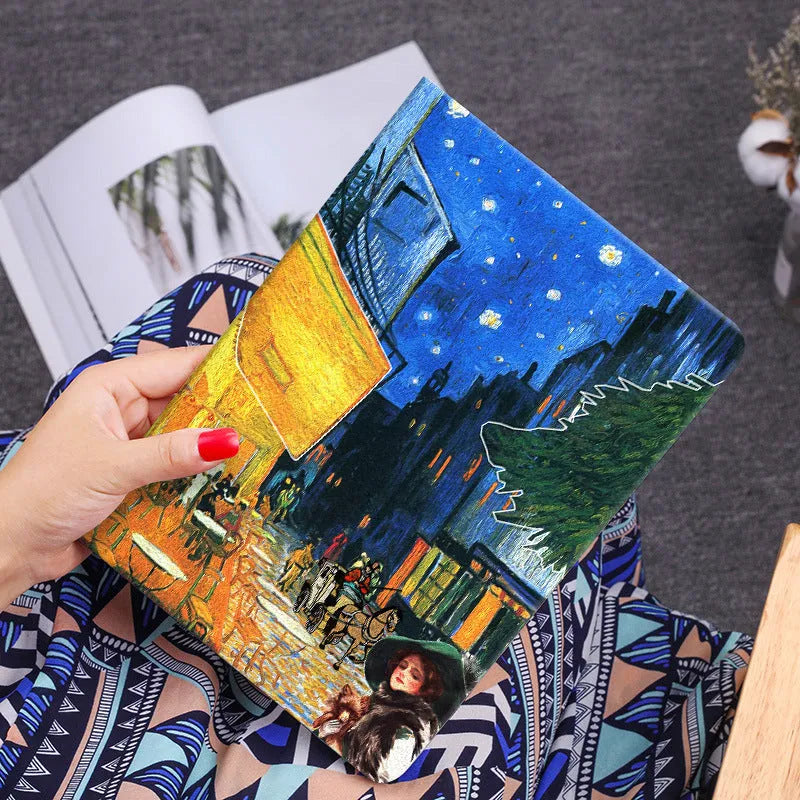 Handmade liquid silicone flip case for iPad featuring floral and oil painting designs.