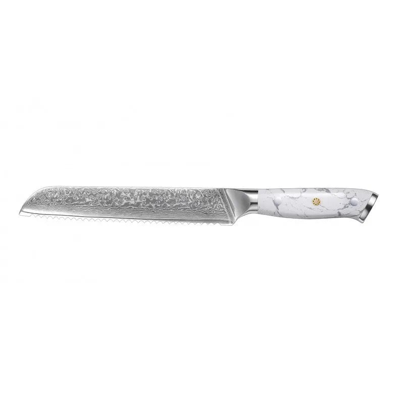 Damascus pattern chef's knife with VG10 steel blade and modern handle on a kitchen counter.