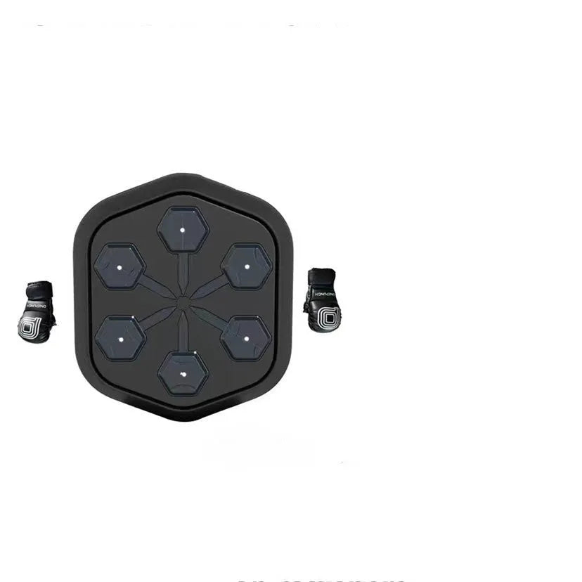 Black smart music boxing machine with Bluetooth connectivity and included boxing gloves