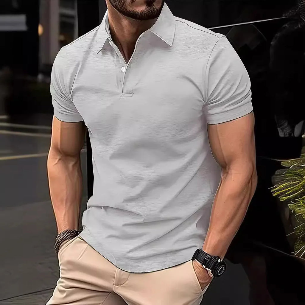 Men's slim fit solid colour cotton blend short sleeve button-down shirt on a hanger.