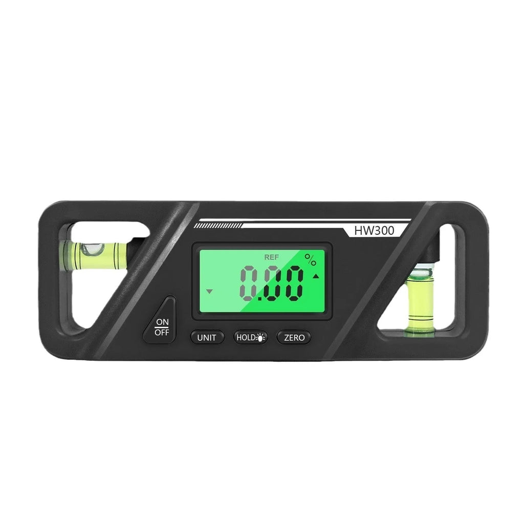 Plastic digital inclinometer level meter with magnetic base and LCD display showing angle measurement.