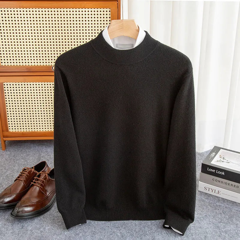 Men's half-collar wool sweater in a loose fit, shown in a choice of colours including black, brown, camel, and grey.